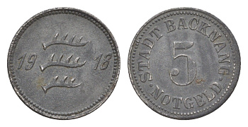 Бакнанг 5 пфеннигов 1918 маленькая пятерка Funck 25.3, Men05 1171.3, Men18 1511.3 железо 4639-166