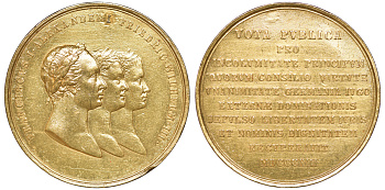 Россия медаль 1813 Союз трех монархов (в память Рейхенбахских конвенций), 46,6 мм, 34,72 гр, заделанное отверстие Дьяков 365.1 R3 золото 10-009-02