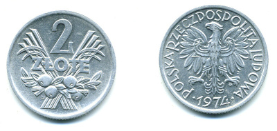 Польша 2 злотых 1974 MW KM 46, Parchimowicz 216h алюминий 59-1446