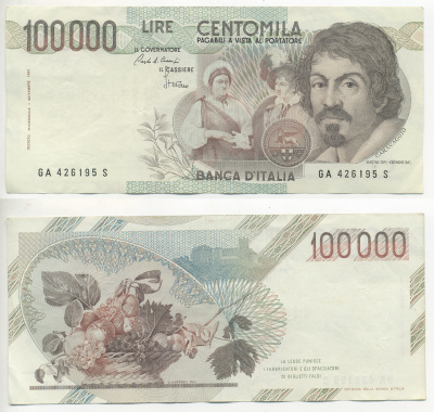 Италия 100000 лир 1983 Караваджо, фруктовый букет, подпись Speziali Pick 110b бумага 7220-33-3