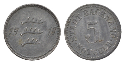 Бакнанг 5 пфеннигов 1918 маленькая пятерка Funck 25.3, Men05 1171.3, Men18 1511.3 железо 4639-166