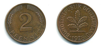 ФРГ 2 пфеннига 1978 J KM 106a, J.381a сталь плакированная медью 3999-1148