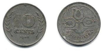 НИДЕРЛАНДЫ 10 ЦЕНТОВ 1942 ВИЛЬГЕЛЬМИНА (1890-1948) KM 173 цинк 25-145