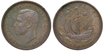 Великобритания 1/2 пенни 1948 Георг VI (1936-1952) KM 844, Spink 4115 бронза 62-1117