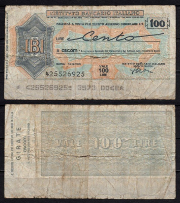 Италия чек на 100 лир 1976 instituto Bancario Italiano, autostrade, concessioni e costruzioni autostrade S.p.A. бумага 2195-26-3-2