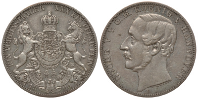 Брауншвейг-Каленберг-Ганновер 1 талер 1866 В, Георг V (1851-1866) КМ 230, AKS 144, Dav. 682, Kahnt 239, Thun 174 серебро 00-1067-10-11