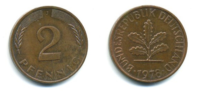 ФРГ 2 пфеннига 1978 J KM 106a, J.381a сталь плакированная медью 3999-1148