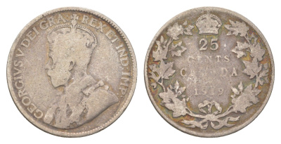 Канада 25 центов 1919 Георг V (1910-1936) KM 24 или 24a серебро 4622-756