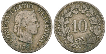Швейцария 10 раппенов 1881 B KM 27 медно-никель 4615-525