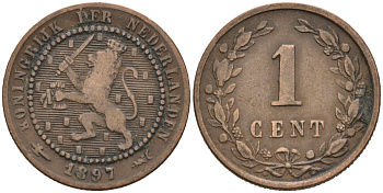 Нидерланды 1 цент 1897 Вильгельмина (1890-1948) KM 107 бронза 4576-624