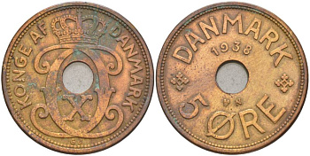 ДАНИЯ 5 ЭРЕ 1938 N; GJ, КРИСТИАН X (1912-1947) KM 828.2 бронза 69-521