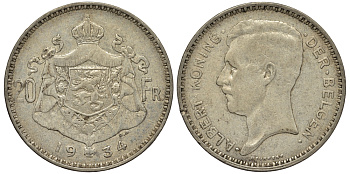 Бельгия 20 франков 1934 Альберт I (1909-1934), Der Belgen KM 104.1 серебро 443-112