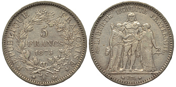 Франция 5 франков 1875 А, Геракл с богинями равенства и братства KM 820.1 серебро 413-3325
