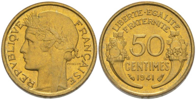 ФРАНЦИЯ 50 САНТИМОВ 1941 ТИП MORLON KM 894.1, LE FRANC 192.18 алюминиевая бронза 44-621