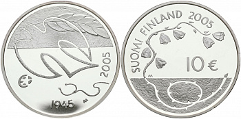 Финляндия 10 евро 2005 60 лет мира в Европе, голубь мира KM 120 серебро PROOF 11-226-14