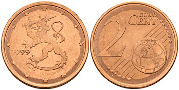Финляндия 2 евроцента 1999  KM 99 сталь плакированная медью  UNC  4160-346