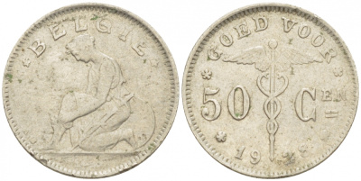 БЕЛЬГИЯ 50 САНТИМОВ 1928 BELGIE KM 88 никель 261-1153