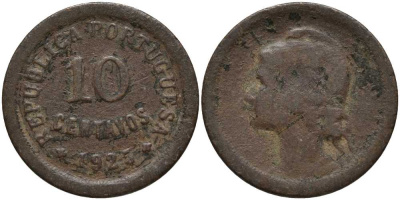 ПОРТУГАЛИЯ 10 СЕНТАВО 1925 РЕСПУБЛИКА, ГОЛОВА СВОБОДЫ ВЛЕВО КМ 573 бронза 202-324