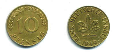 ФРГ 10 ПФЕННИГОВ 1949 J KM 103, J.378 сталь плакированная латунью 23-631