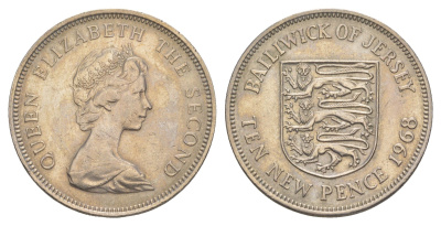 Джерси 10 пенсов 1968 герб, Елизавета II (1952-2022) KM 33 медно-никель 4652-551