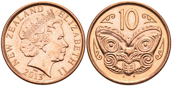 Новая Зеландия 10 центов 2013 маска Маори, Елизавета II (1952-) KM 117а сталь плакированная медью 92-447