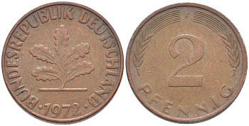 ФРГ 2 ПФЕННИГА 1972 F KM 106a, J. 381a сталь плакированная сталь плакированная медьюю 116-328