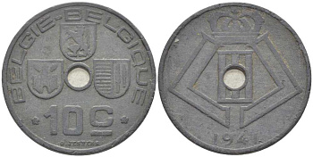 БЕЛЬГИЯ 10 САНТИМОВ 1941 BELGIE-BELGIQUE, ГЕРМАНСКАЯ ОККУПАЦИЯ, ВТОРАЯ МИРОВАЯ ВОЙНА, ЛЕОПОЛЬД III (1934-1950) KM 126 цинк 119-335
