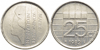 Нидерланды 25 центов 1982 Беатрикс (1980-2013) KM 204 никель 112-316