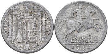 ИСПАНИЯ 10 СЕНТИМО 1941 РЫЦАРЬ НА КОНЕ KM 766 алюминий 216-517