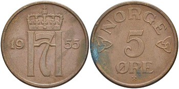НОРВЕГИЯ 5 ЭРЕ 1955 ХОКОН VII (1905-1957) KM 400 бронза 4402-123