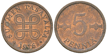 Финляндия 5 пенни 1976 KM 45 медь 4618-514