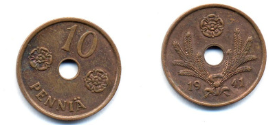 ФИНЛЯНДИЯ 10 ПЕННИ 1941 KM 33.1 медь 51-4933