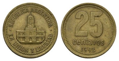 Аргентина 25 сентаво 1992 ратуша Буэнос-Айреса KM 110.1 алюминиевая бронза 4573-324