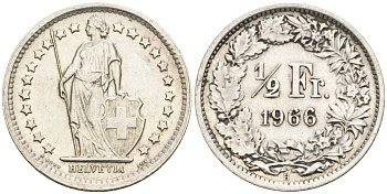 Швейцария 1/2 франка 1966 B KM 23 серебро 4608-524