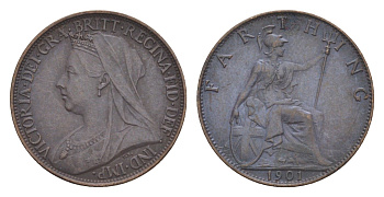 Великобритания 1 фартинг 1901 Виктория (1837-1901) KM 788.2, Spink 3963 бронза 4630-169