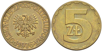 Польша 5 злотых 1976 монетный двор Ленинград (ЛМД) KM 81.1, Parchimowicz 221b латунь UNC 89-511