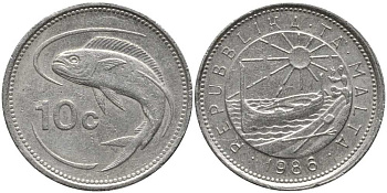 Мальта 10 центов 1986 золотая макрель KM 76 медно-никель 113-751