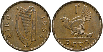 ИРЛАНДИЯ 1 ПЕННИ 1964 КУРИЦА С ЦЫПЛЯТАМИ KM 11 бронза 4531-713