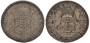 Боливия 2 реала 1770 JR, монетный двор PTS (город Потоси), Карл III Испанский KM 48 серебро 00-802-15