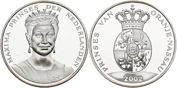 Нидерланды медаль 2002 Максима, принцесса Нидерландов  серебро  PROOF  11-132-11