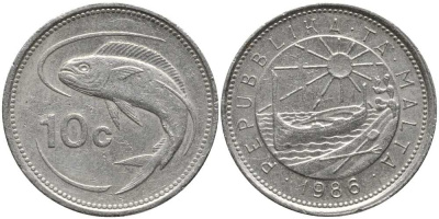 Мальта 10 центов 1986 золотая макрель KM 76 медно-никель 113-751
