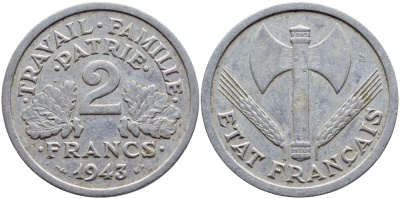 Франция 2 франка 1943 правительство Виши KM 904.1 алюминий 4397-725