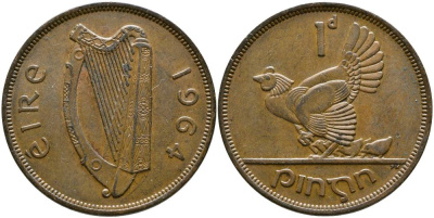 ИРЛАНДИЯ 1 ПЕННИ 1964 КУРИЦА С ЦЫПЛЯТАМИ KM 11 бронза 4531-713
