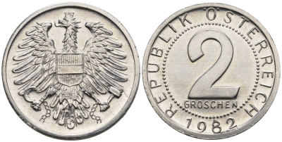 Австрия 2 гроша 1982 из ролла KM 2876 алюминий UNC M34-16