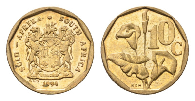 ЮАР 10 центов 1994 герб, цветок алоэ KM 135 сталь плакированная бронзой UNC 4694-669