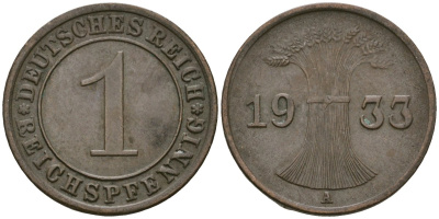 Германия 1 рейхспфенниг 1933 A KM 37, J. 313 бронза 4189-1211