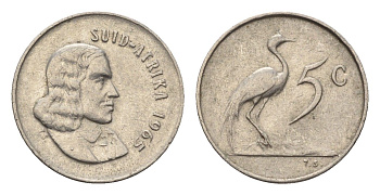 ЮАР 5 центов 1965 Ян ван Рибек (1619-1677), Suid Africa, легенда на африкаанс, райский журавль KM 67.2 медно-никель 4694-417