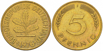 ФРГ 5 ПФЕННИГОВ 1976 J KM 107, J.382 сталь плакированная латунью 4396-1639