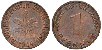 ФРГ 1 пфенниг 1969 F KM 105, J.380 сталь плакированная медью 4174-451