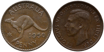 АВСТРАЛИЯ 1 ПЕННИ 1950 p, ГЕОРГ VI (1936-1952), КЕНГУРУ KM 43 бронза 32-634